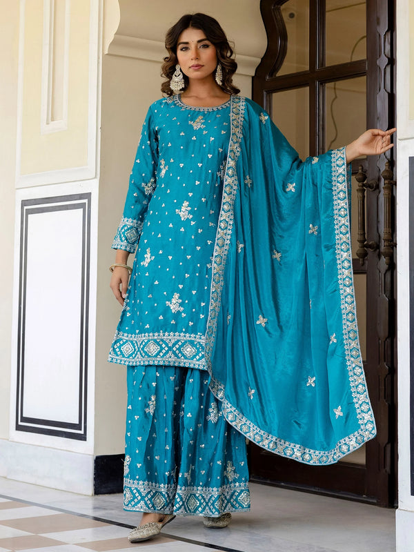 Glorious Sky Blue Zari Embroidery Chinon Festive Wear Gharara Suit With Dupatta