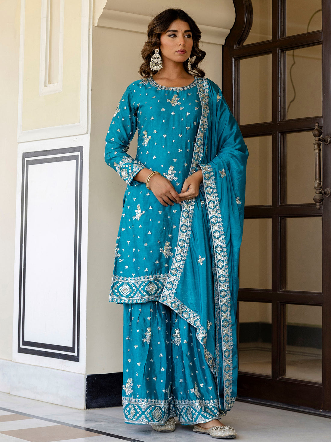 Glorious Sky Blue Zari Embroidery Chinon Festive Wear Gharara Suit With Dupatta
