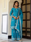 Glorious Sky Blue Zari Embroidery Chinon Festive Wear Gharara Suit With Dupatta