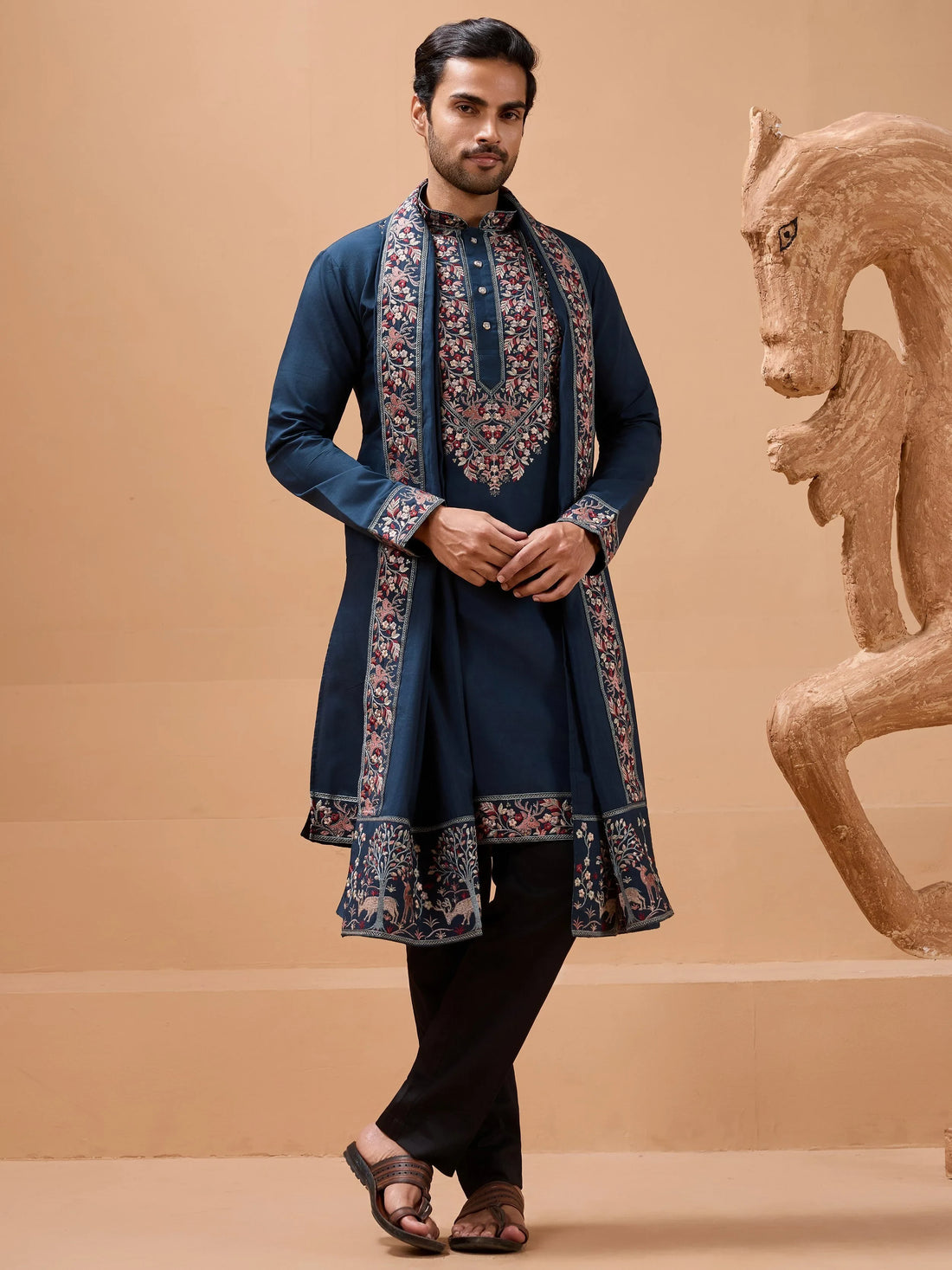 Glorious Teal Blue Embroidered Viscose Silk Engagement Wear Men's Kurta With Dupatta