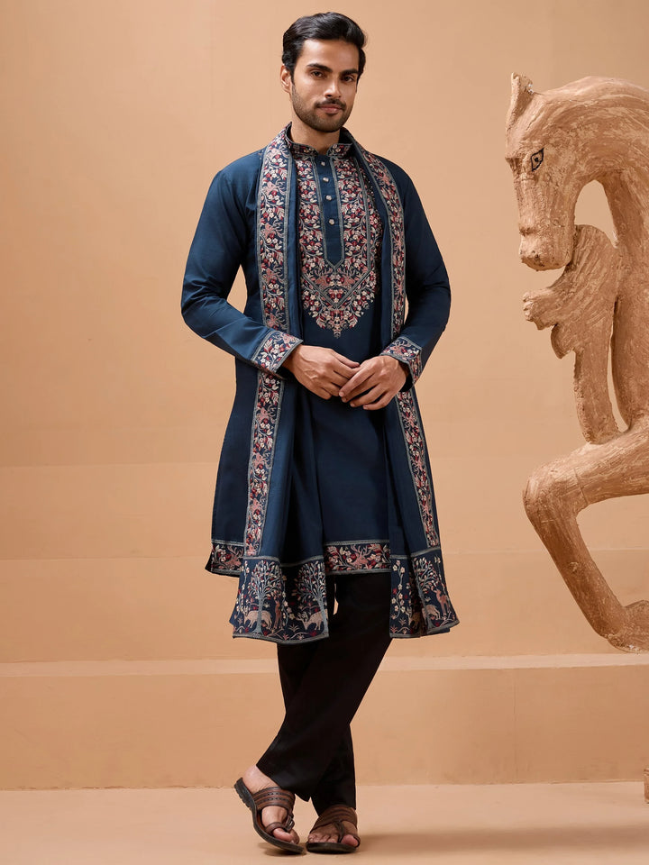 Glorious Teal Blue Embroidered Viscose Silk Engagement Wear Men's Kurta With Dupatta