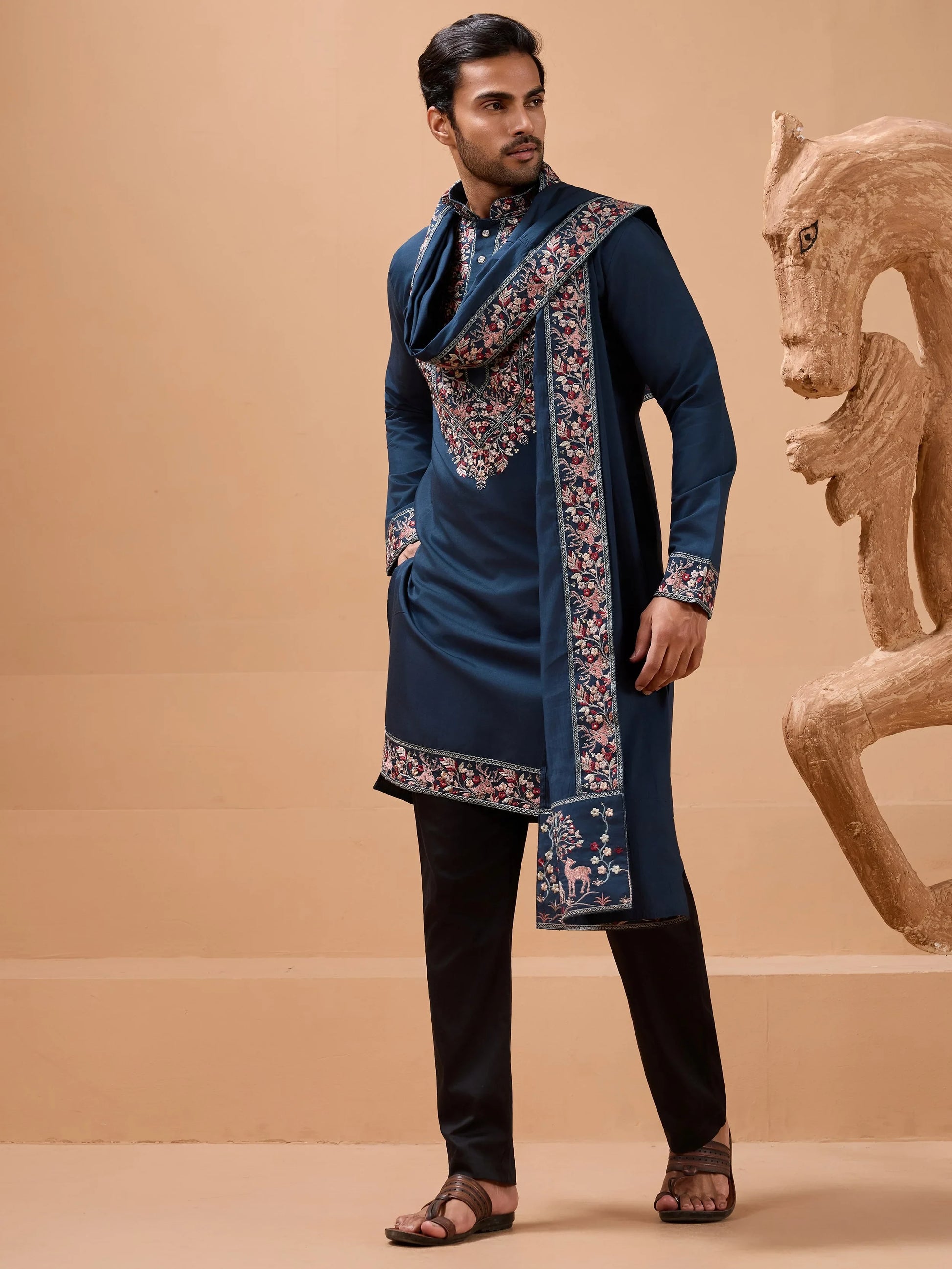 Glorious Teal Blue Embroidered Viscose Silk Engagement Wear Men's Kurta With Dupatta