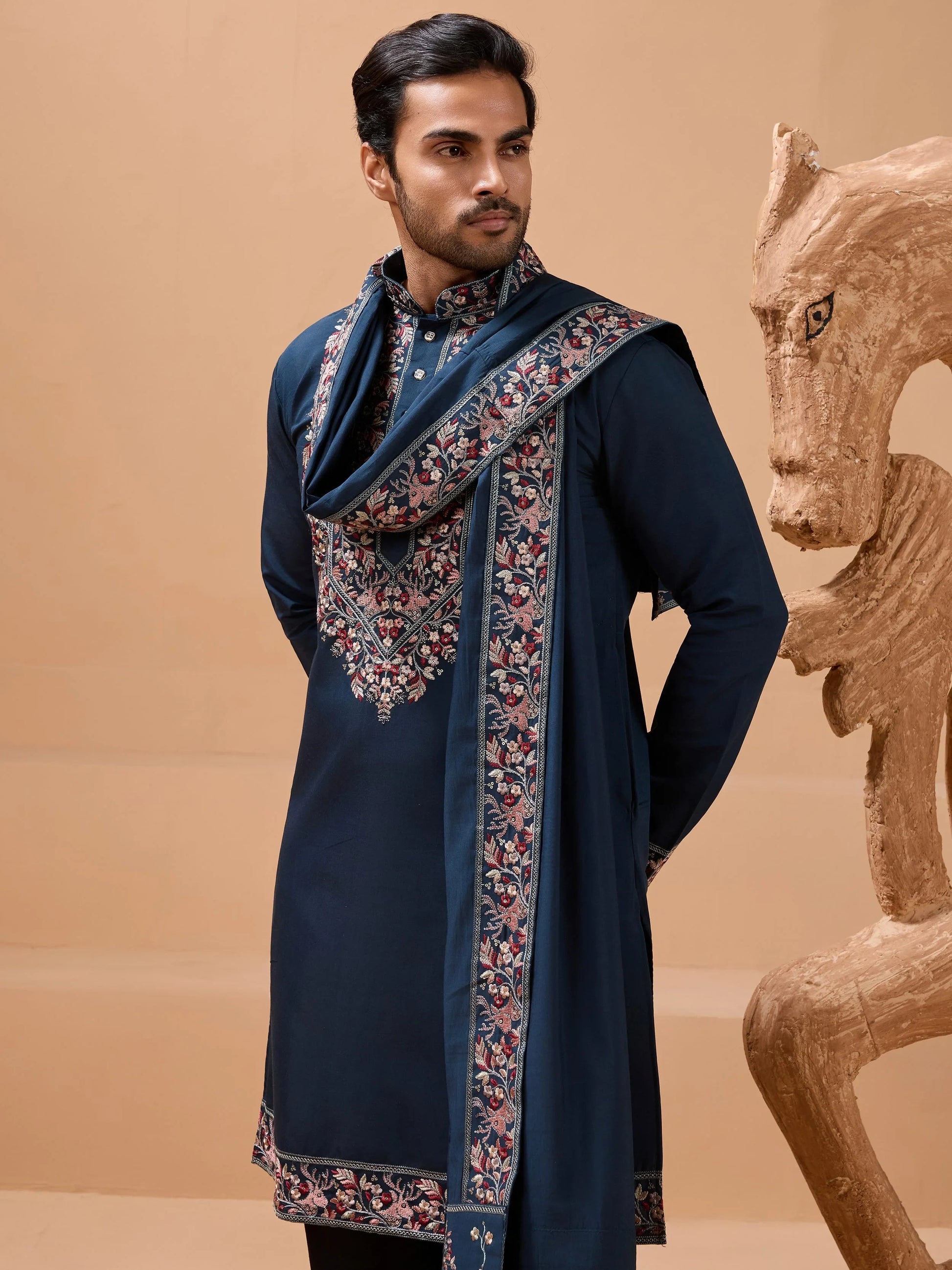Glorious Teal Blue Embroidered Viscose Silk Engagement Wear Men's Kurta With Dupatta