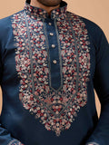 Glorious Teal Blue Embroidered Viscose Silk Engagement Wear Men's Kurta With Dupatta