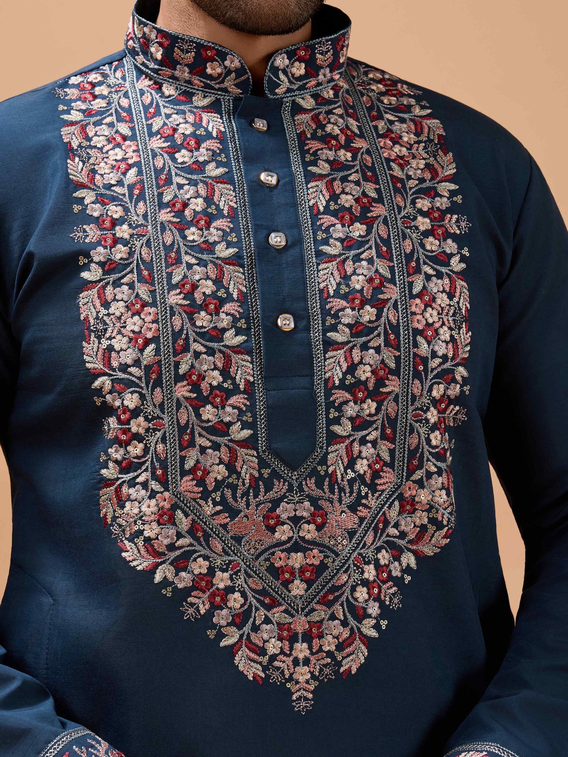 Glorious Teal Blue Embroidered Viscose Silk Engagement Wear Men's Kurta With Dupatta