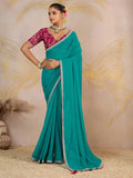 Glorious Turquoise Zari Border Work Georgette Traditional Saree With Blouse