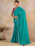 Glorious Turquoise Zari Border Work Georgette Traditional Saree With Blouse
