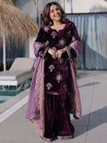 Glorious Wine Zari Embroidery Velvet Wedding Wear Palazzo Suit With Dupatta