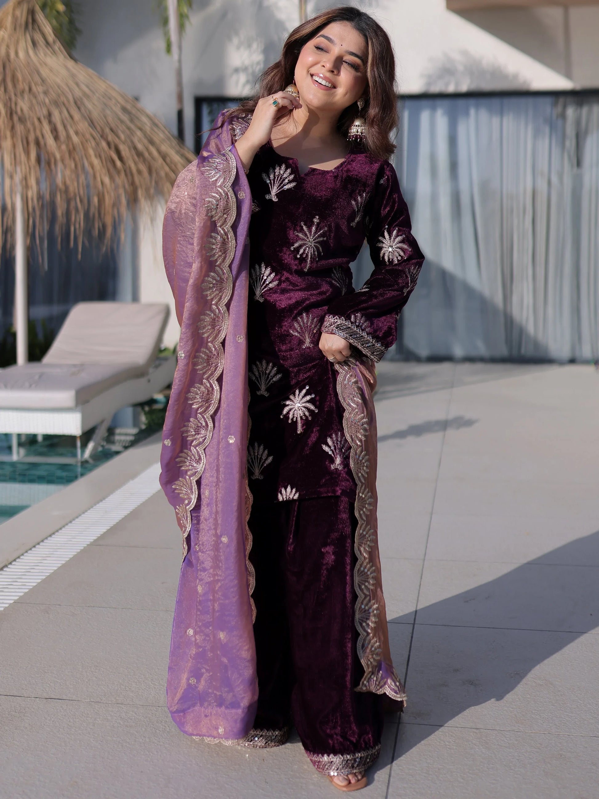 Glorious Wine Zari Embroidery Velvet Wedding Wear Palazzo Suit With Dupatta