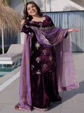Glorious Wine Zari Embroidery Velvet Wedding Wear Palazzo Suit With Dupatta