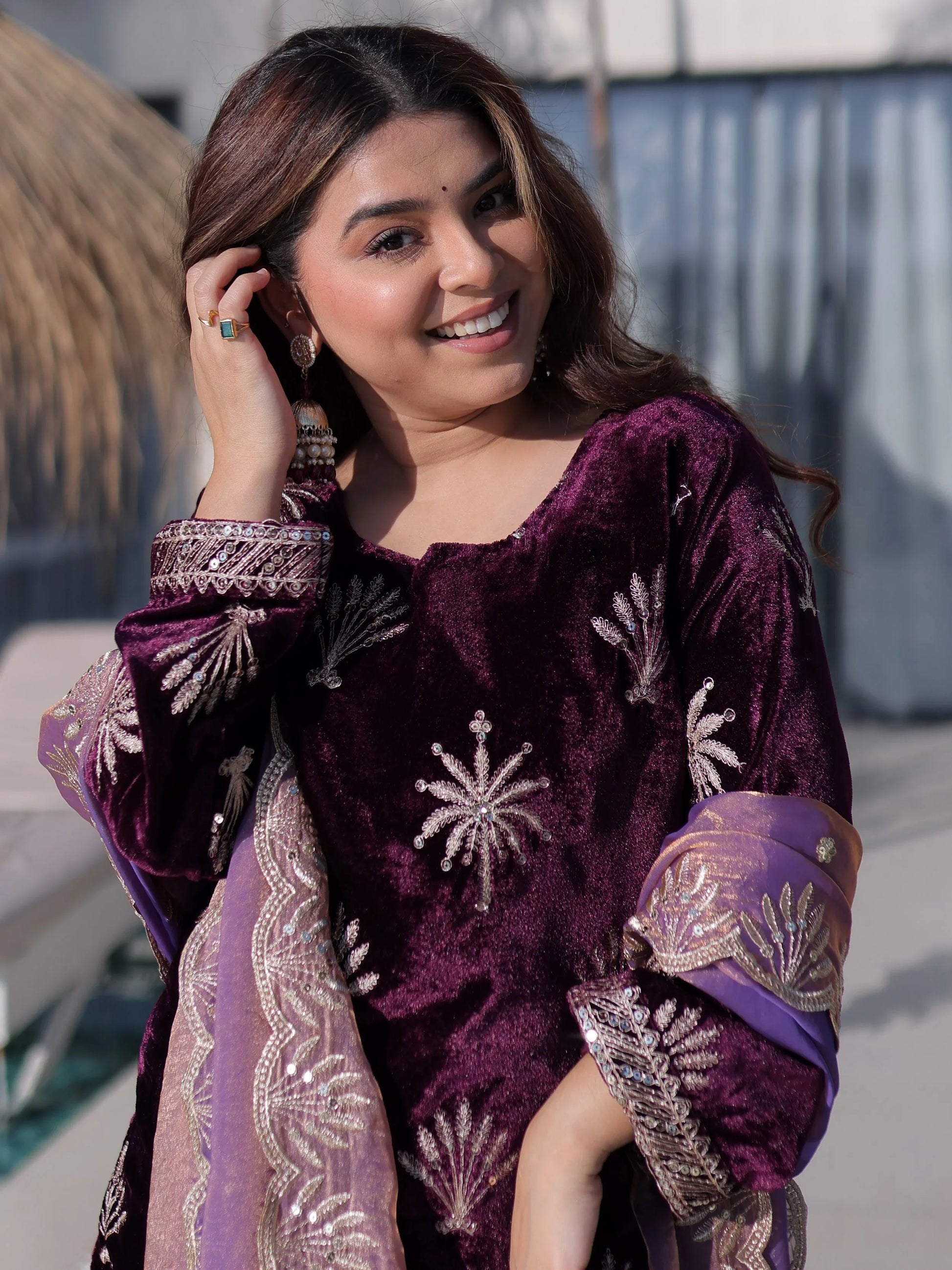 Glorious Wine Zari Embroidery Velvet Wedding Wear Palazzo Suit With Dupatta