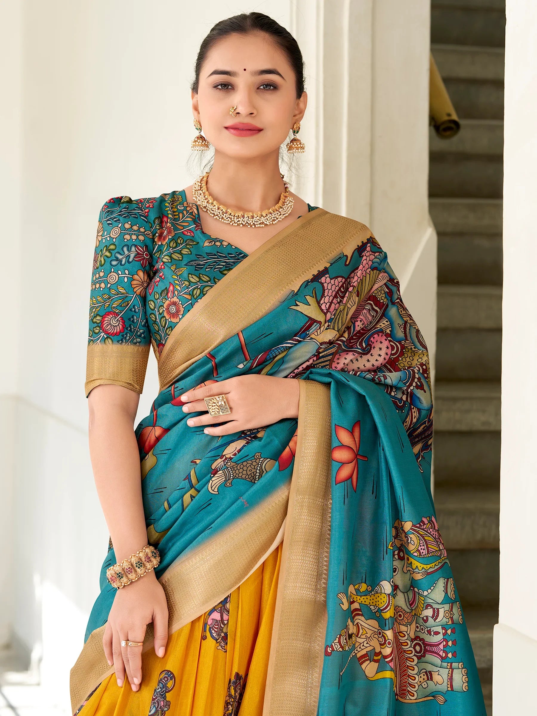 Glorious Yellow Kalamkari Printed Silk Lehenga Choli With Dupatta - Zeel Clothing