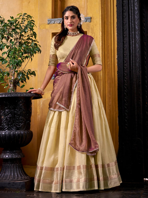 Glorious Yellow Zari Weaving Silk Haldi Wear Half Saree Lehenga