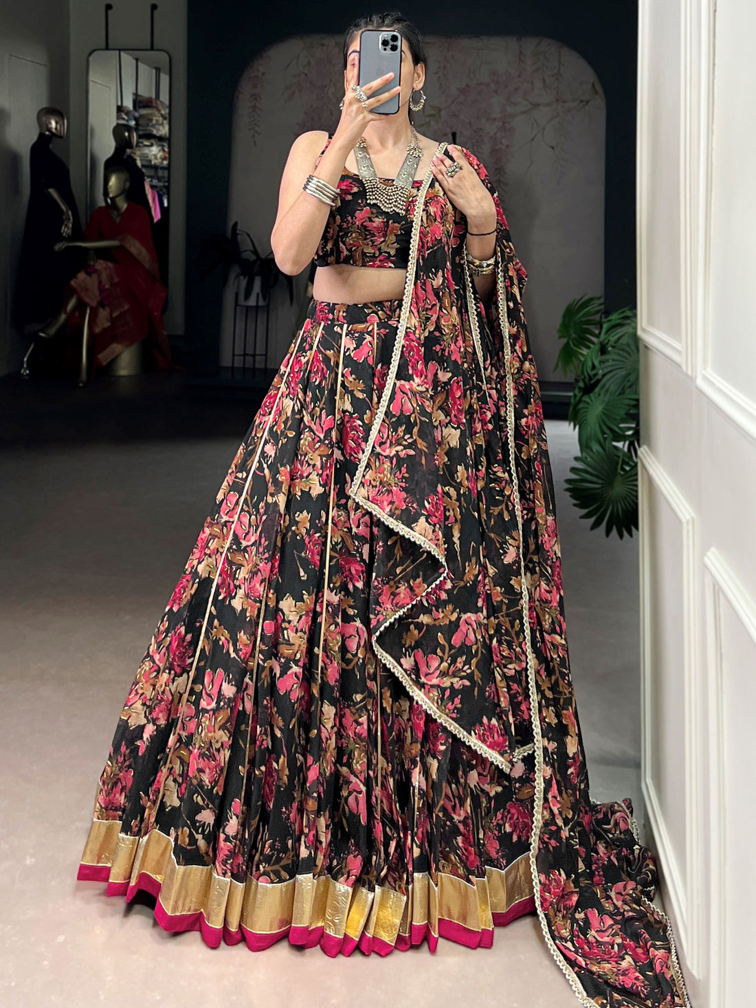 Glowing Black Foil Print Chiffon Traditional Lehenga Choli With Dupatta