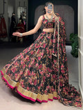 Glowing Black Foil Print Chiffon Traditional Lehenga Choli With Dupatta