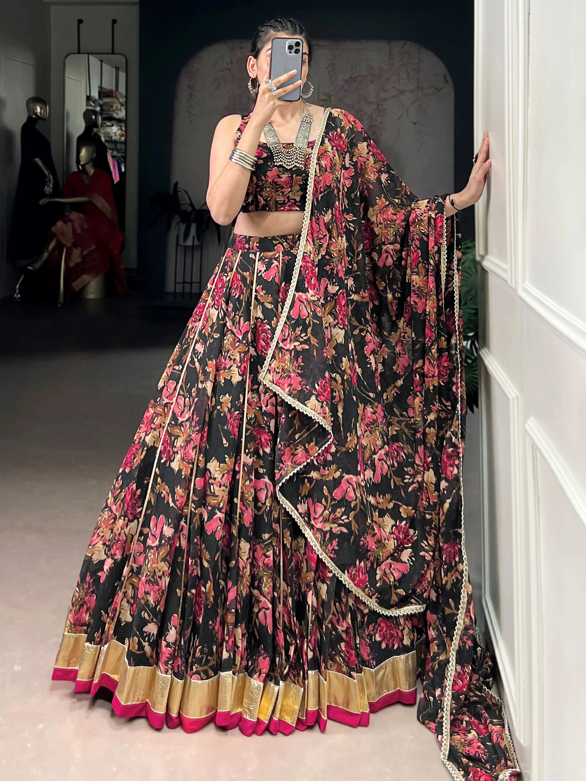 Glowing Black Foil Print Chiffon Traditional Lehenga Choli With Dupatta