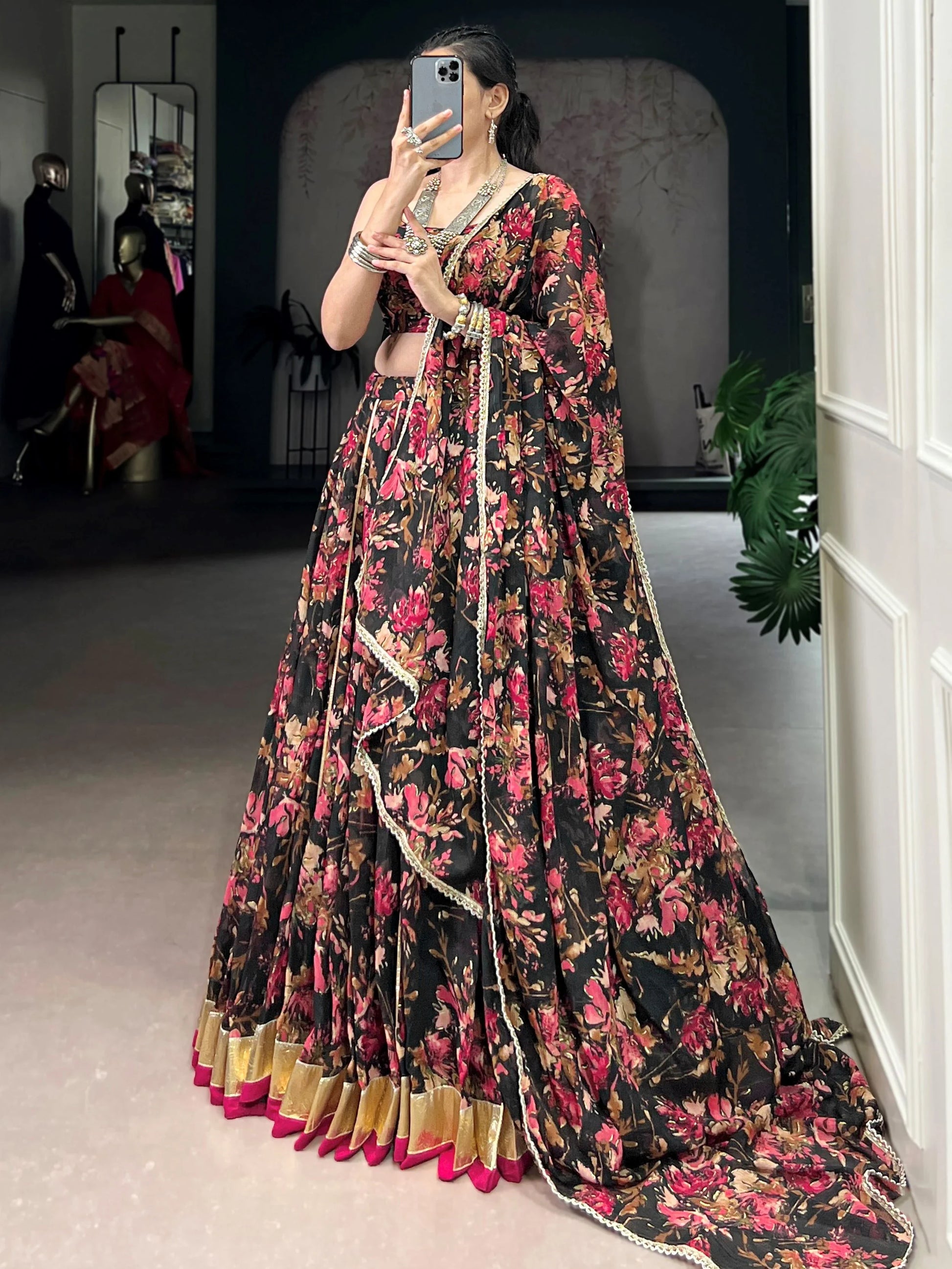 Glowing Black Foil Print Chiffon Traditional Lehenga Choli With Dupatta