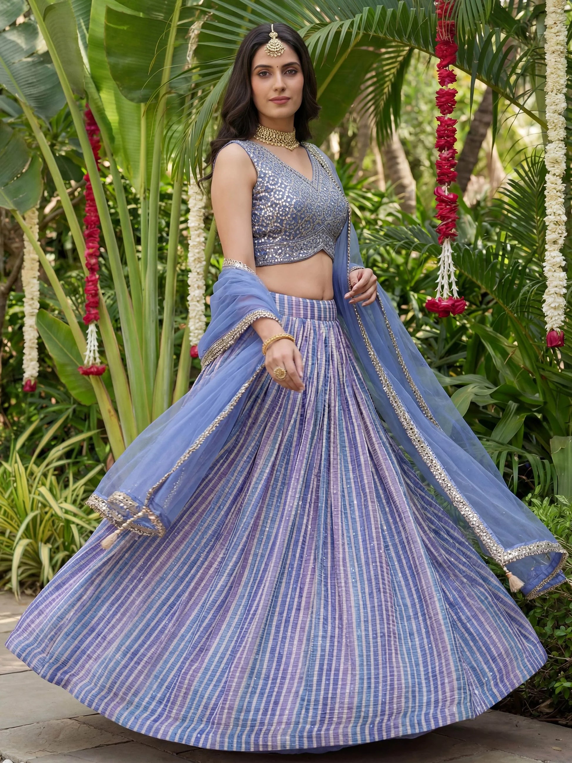 Glowing Lavender Organza Engagement Wear Lehenga With Mirror Work Choli