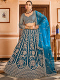 Glowing Teal Blue Floral Embroidered Net Reception Wear Lehenga Choli