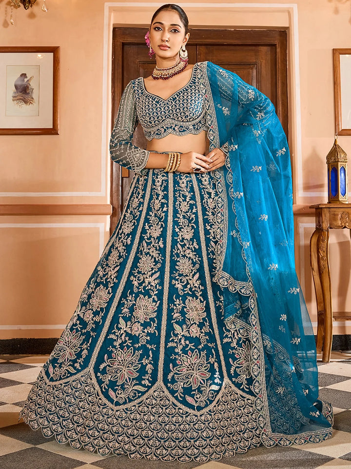 Glowing Teal Blue Floral Embroidered Net Reception Wear Lehenga Choli