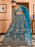 Glowing Teal Blue Floral Embroidered Net Reception Wear Lehenga Choli