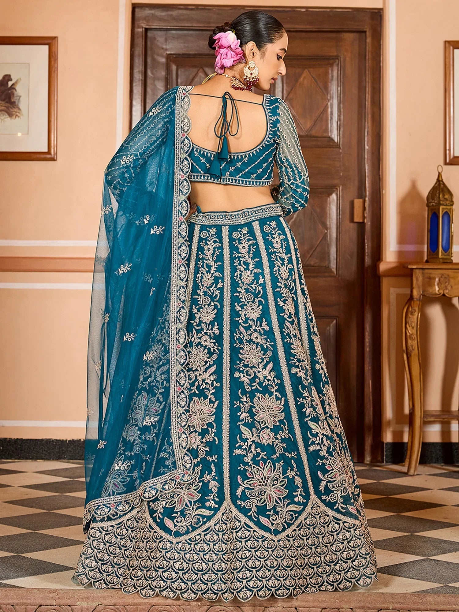 Glowing Teal Blue Floral Embroidered Net Reception Wear Lehenga Choli