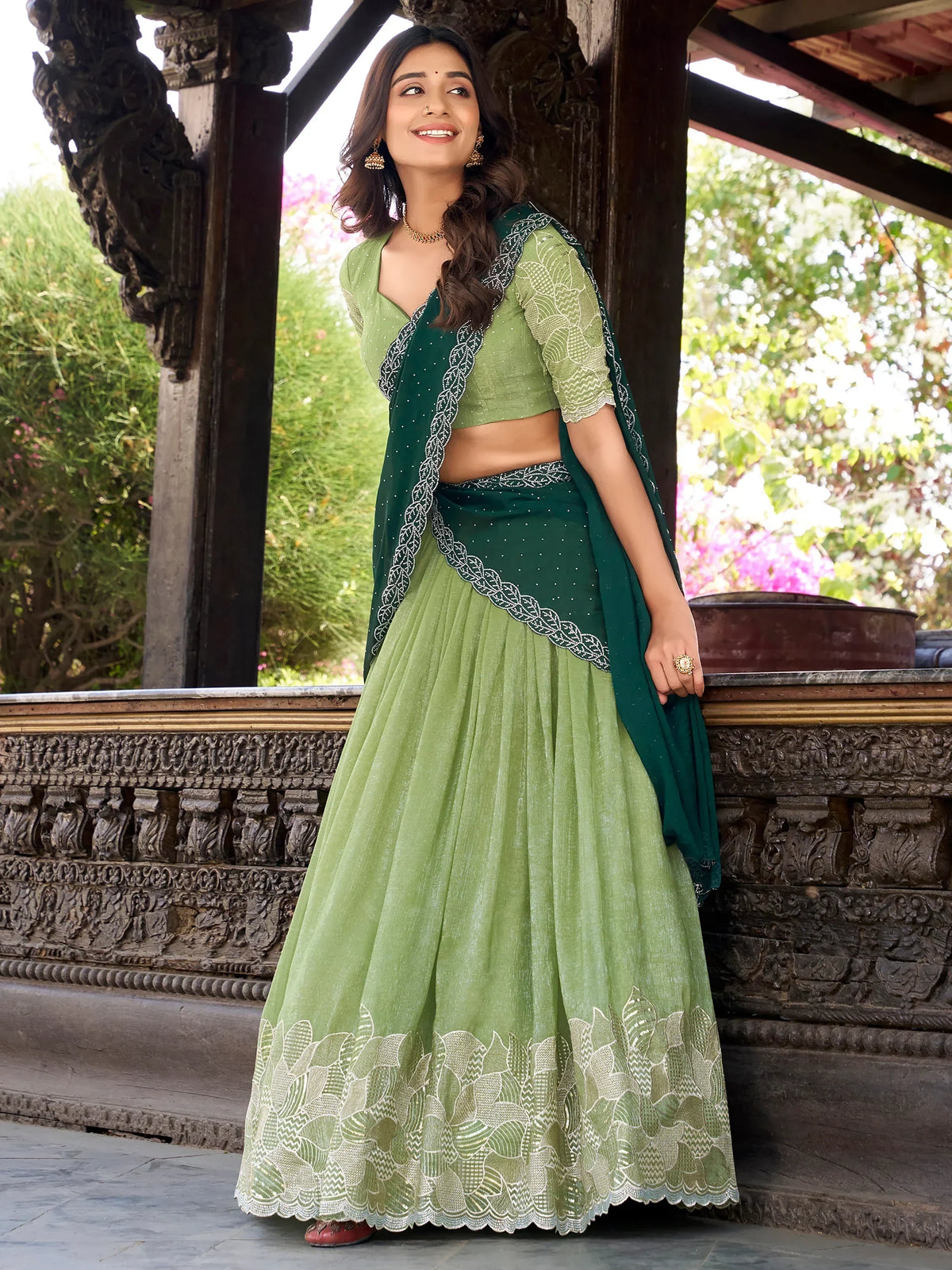 Good-looking Pista Green Sequins Organza Lehenga Choli With Dupatta - Zeel Clothing