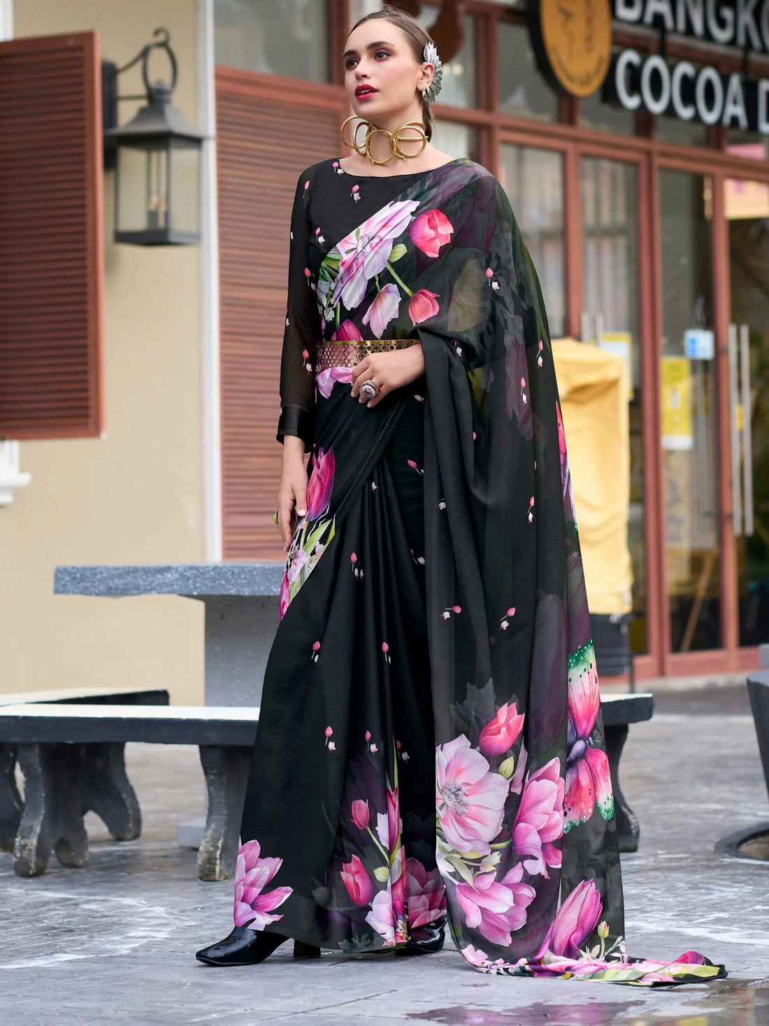 Gorgeous Black Floral Printed Georgette Casual Wear Saree With Blouse - Zeel Clothing