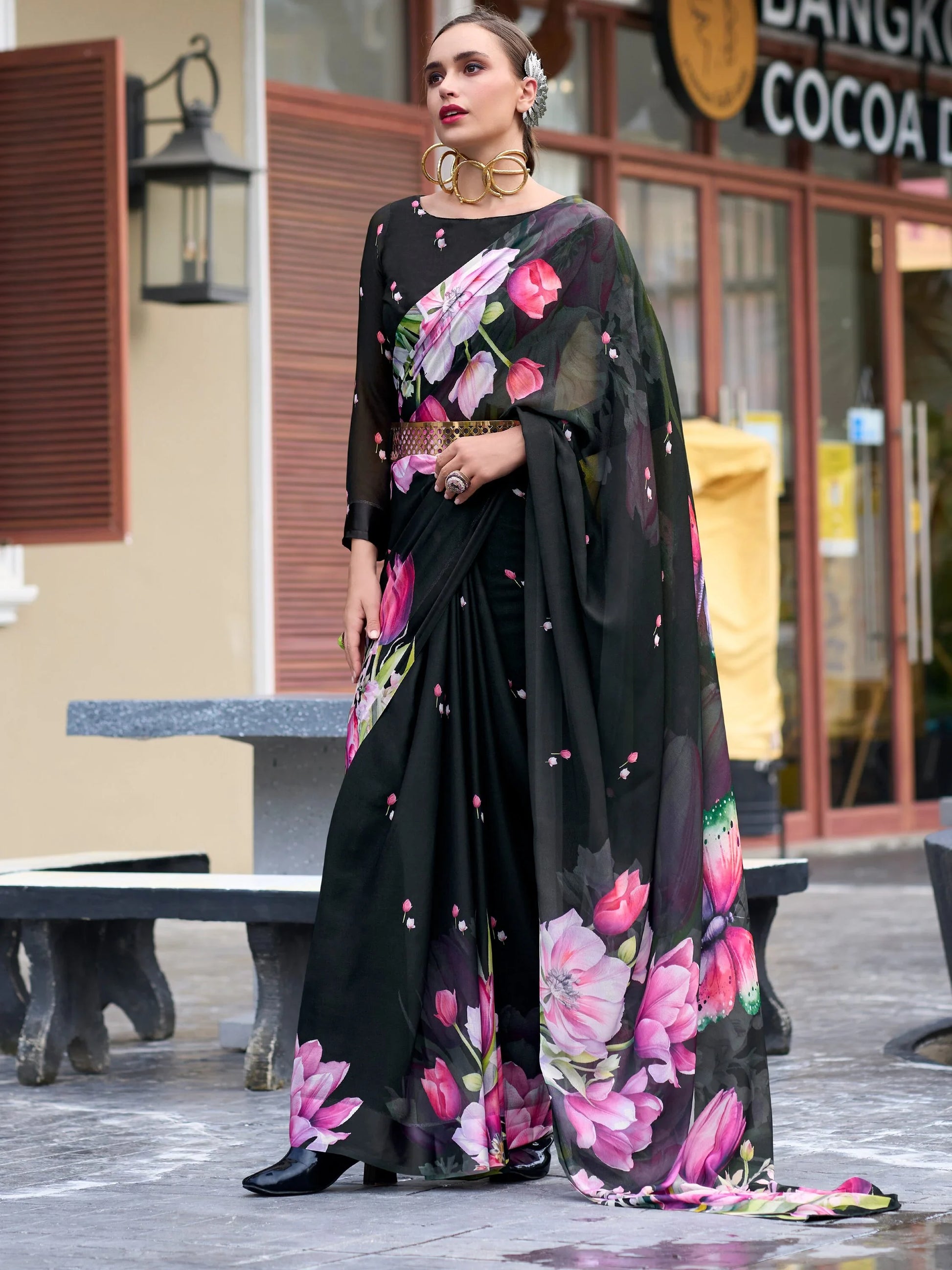 Gorgeous Black Floral Printed Georgette Casual Wear Saree With Blouse - Zeel Clothing