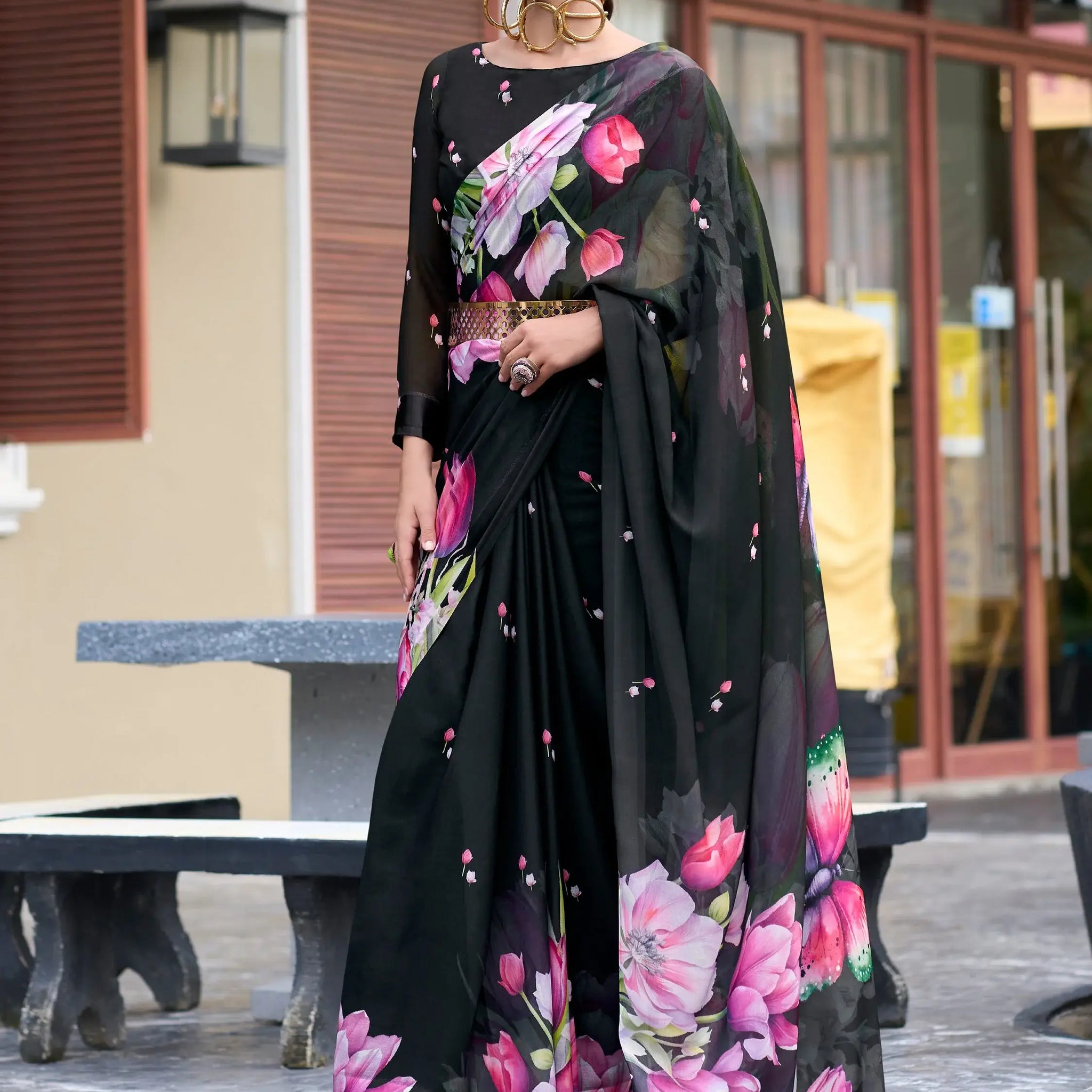 Gorgeous Black Floral Printed Georgette Casual Wear Saree With Blouse - Zeel Clothing