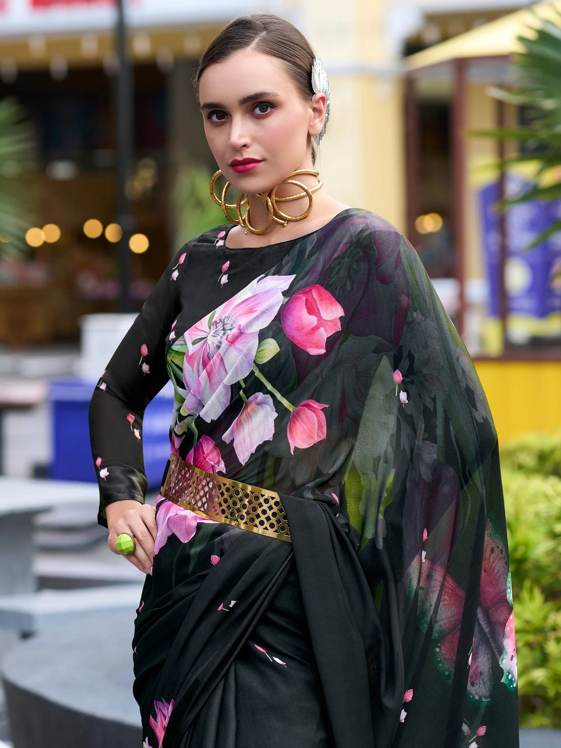 Gorgeous Black Floral Printed Georgette Casual Wear Saree With Blouse - Zeel Clothing