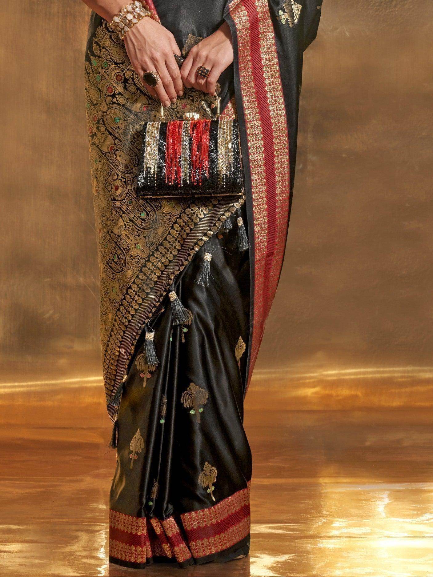 Gorgeous Black Handloom Weaving Satin Party Wear Saree - Zeel Clothing