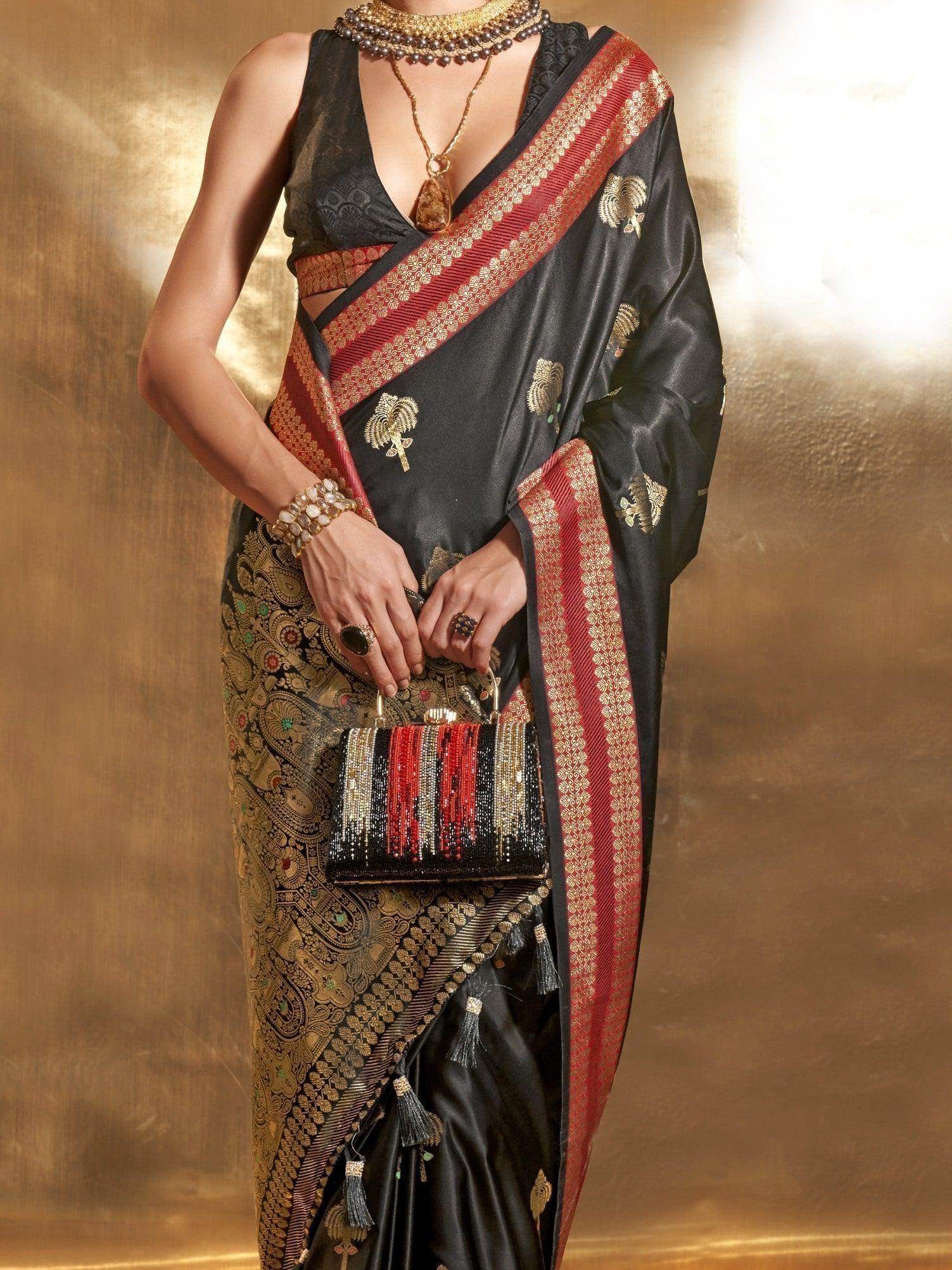Gorgeous Black Handloom Weaving Satin Party Wear Saree - Zeel Clothing