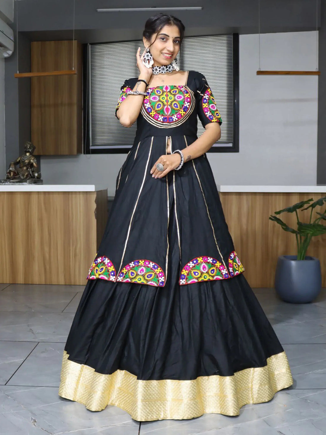 Gorgeous Black Mirror Work Cotton Navratri Lehenga With Long Top - Zeel Clothing