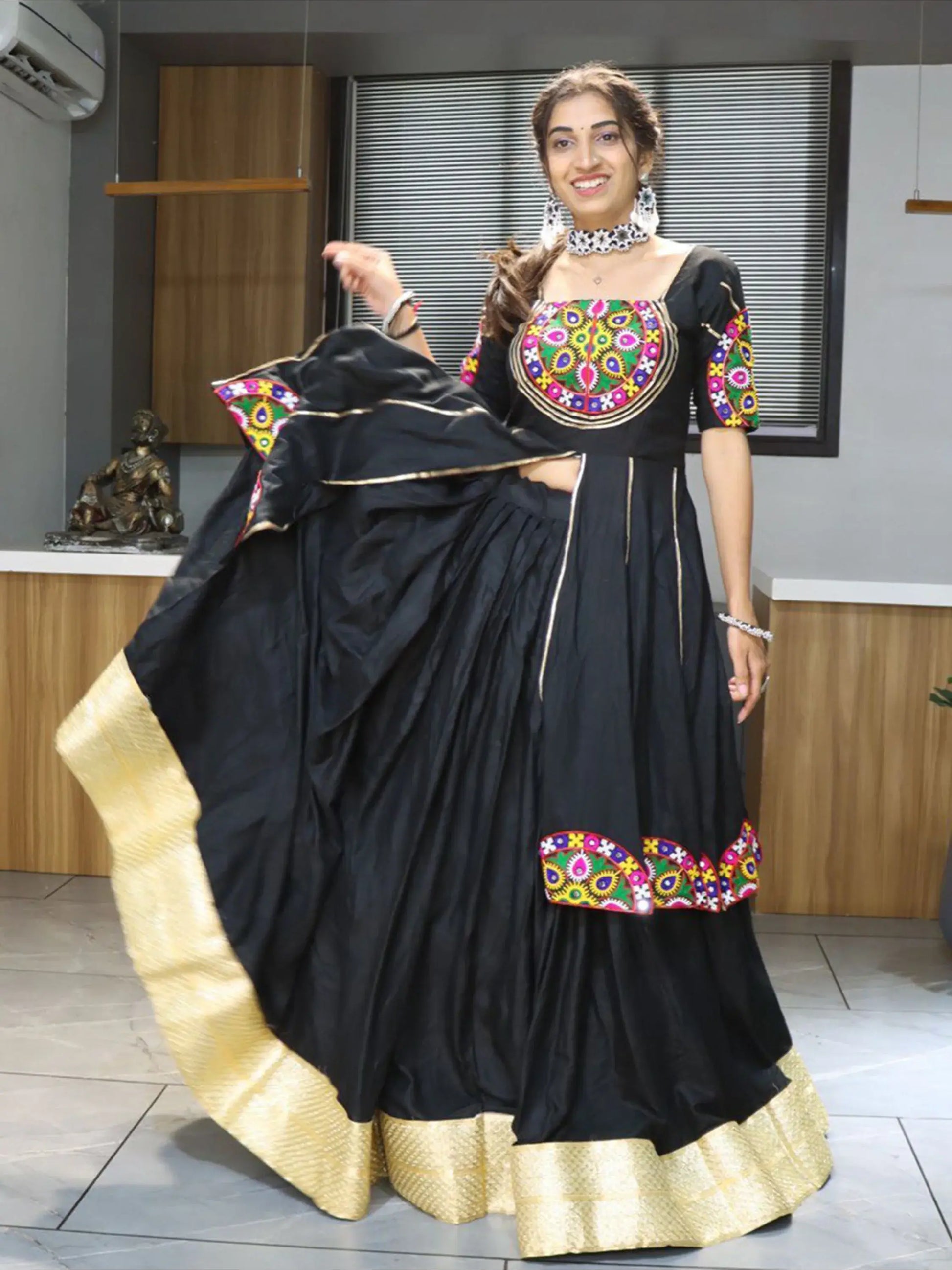 Gorgeous Black Mirror Work Cotton Navratri Lehenga With Long Top - Zeel Clothing