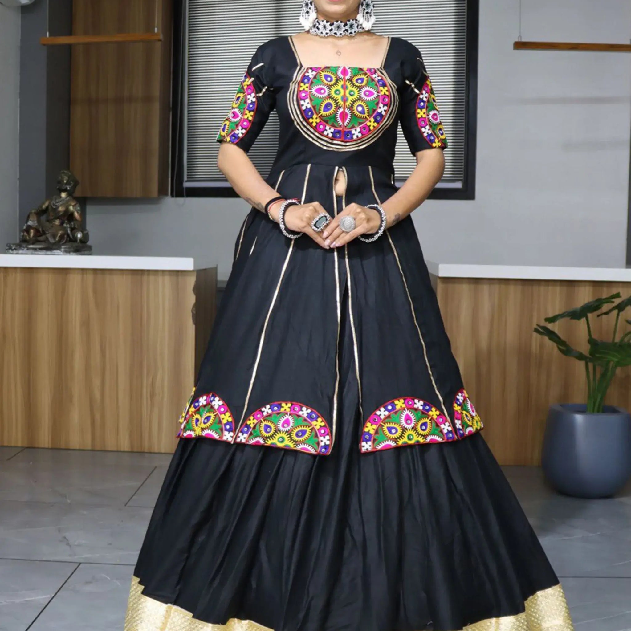 Gorgeous Black Mirror Work Cotton Navratri Lehenga With Long Top - Zeel Clothing