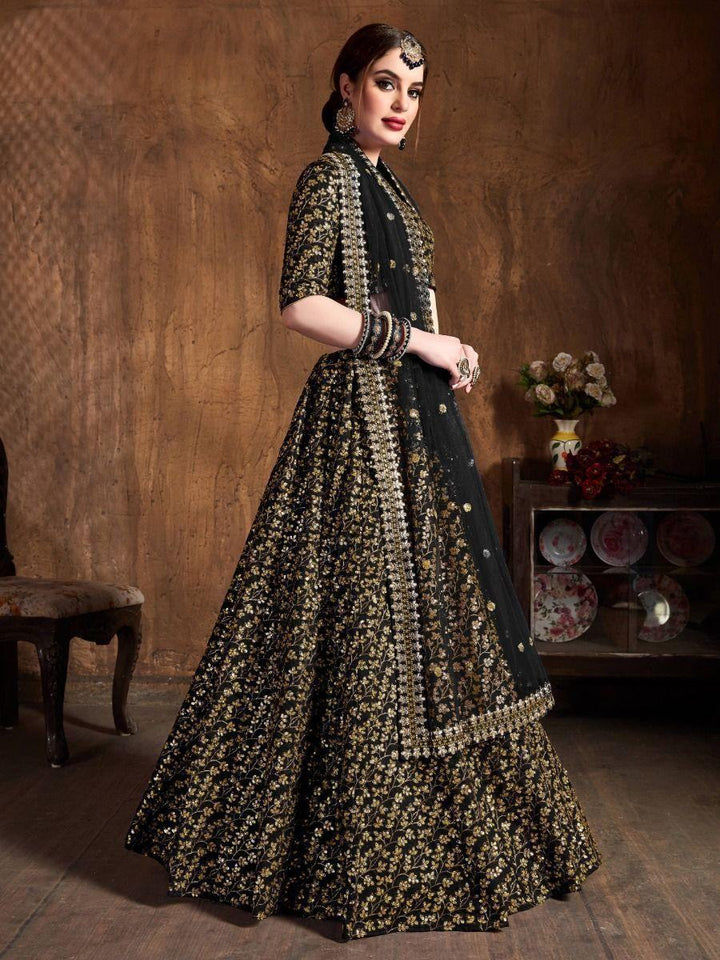 Gorgeous Black Sequins Raw Silk Reception Wear Lehenga Choli