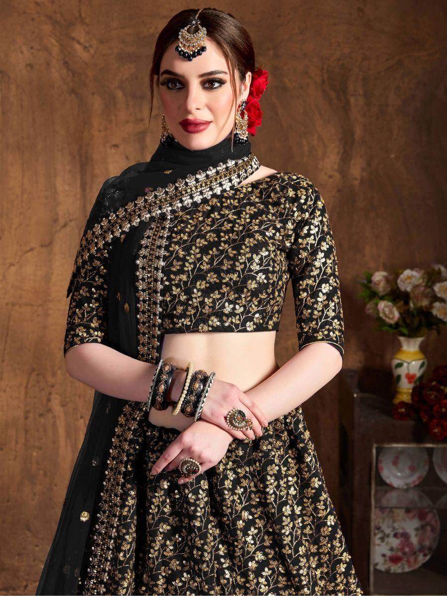 Gorgeous Black Sequins Raw Silk Reception Wear Lehenga Choli - Zeel Clothing
