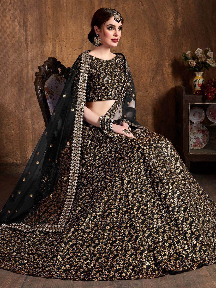 Gorgeous Black Sequins Raw Silk Reception Wear Lehenga Choli - Zeel Clothing