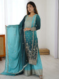 Gorgeous Blue Dori Embroidery Chinon Wedding Wear Sharara Suit With Dupatta
