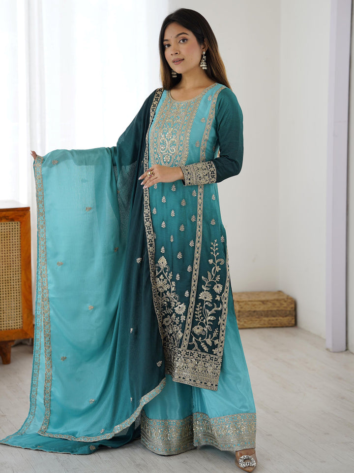 Gorgeous Blue Dori Embroidery Chinon Wedding Wear Sharara Suit With Dupatta