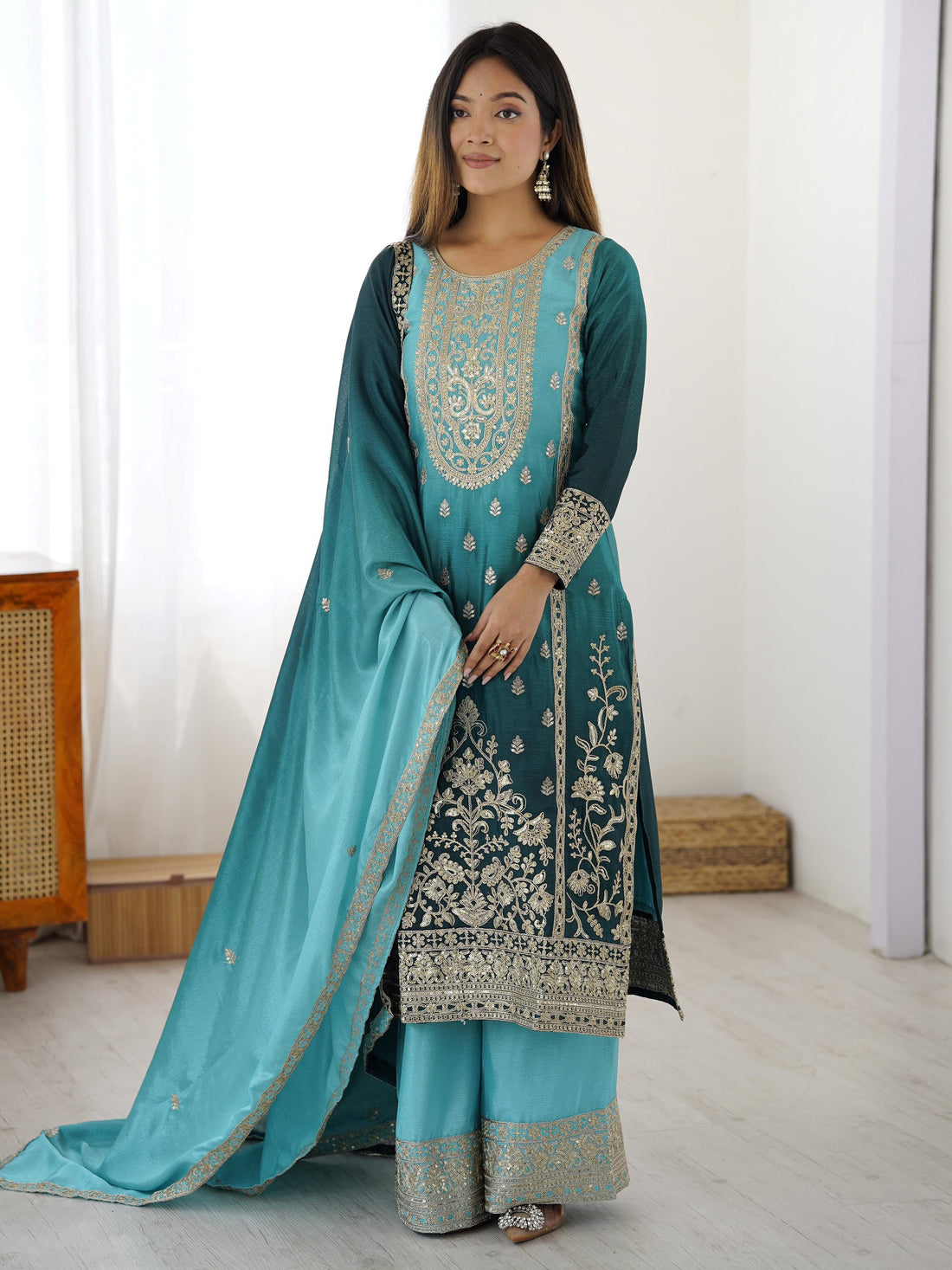 Gorgeous Blue Dori Embroidery Chinon Wedding Wear Sharara Suit With Dupatta