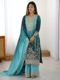 Gorgeous Blue Dori Embroidery Chinon Wedding Wear Sharara Suit With Dupatta