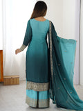 Gorgeous Blue Dori Embroidery Chinon Wedding Wear Sharara Suit With Dupatta