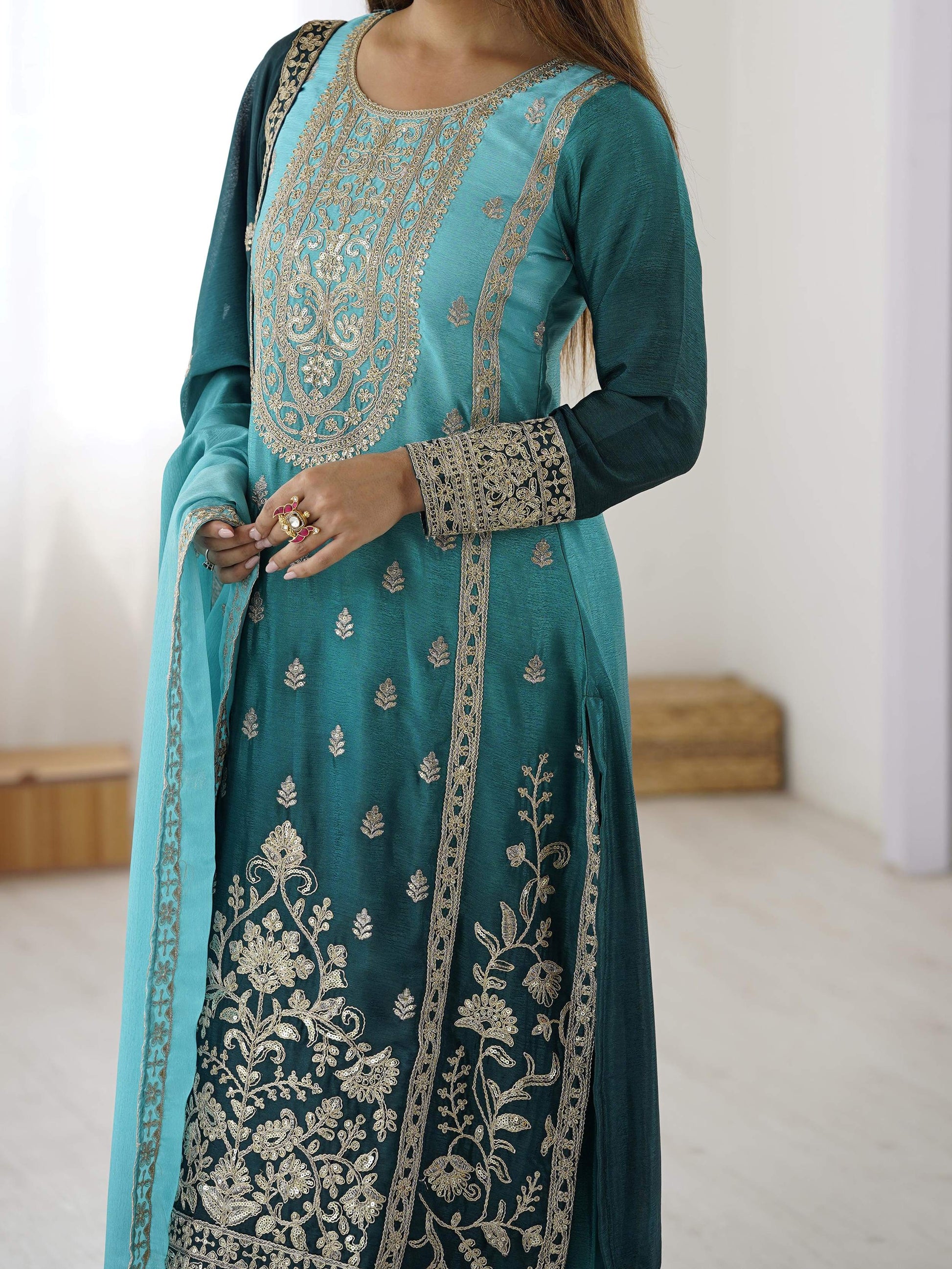 Gorgeous Blue Dori Embroidery Chinon Wedding Wear Sharara Suit With Dupatta