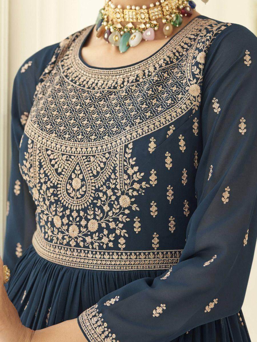 Gorgeous Blue Embroidered Georgette Reception Wear Palazzo Suit - Zeel Clothing