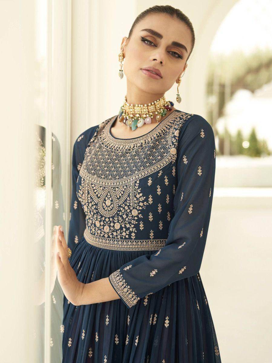 Gorgeous Blue Embroidered Georgette Reception Wear Palazzo Suit - Zeel Clothing