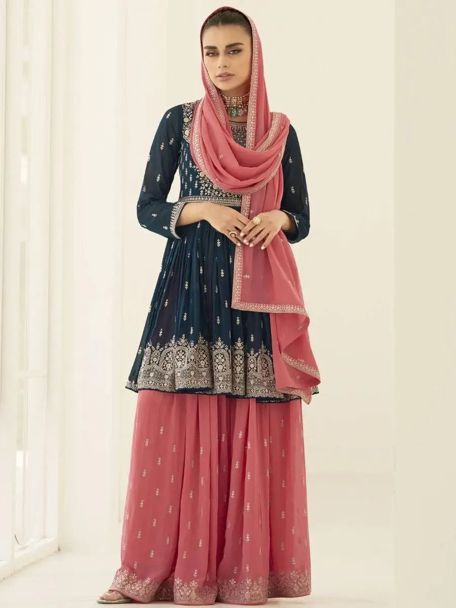 Gorgeous Blue Embroidered Georgette Reception Wear Palazzo Suit - Zeel Clothing