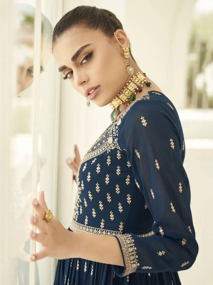 Gorgeous Blue Embroidered Georgette Reception Wear Palazzo Suit - Zeel Clothing