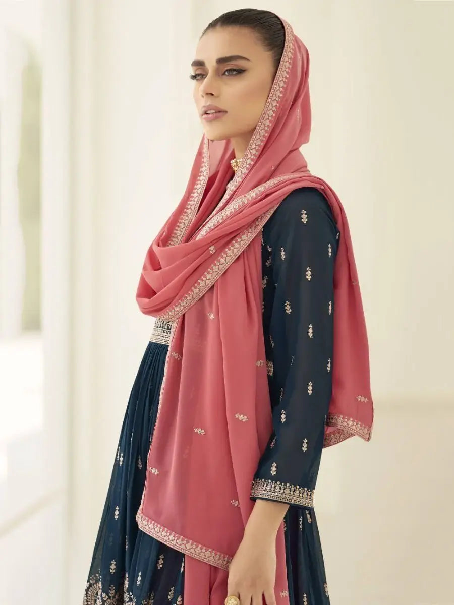 Gorgeous Blue Embroidered Georgette Reception Wear Palazzo Suit - Zeel Clothing